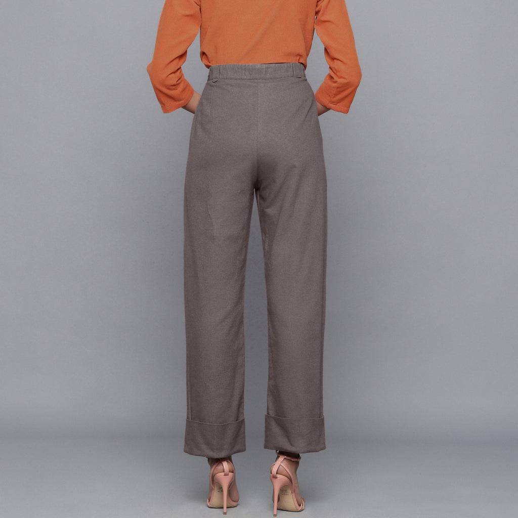 Back View of a Model wearing Ash Grey Flannel Rolled-Up Straight Pant