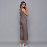 Back View of a Model wearing Ash Grey Flannel Sleeveless Jumpsuit