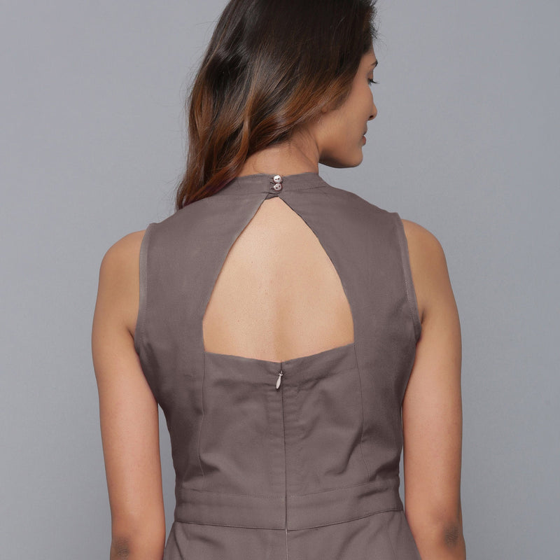 Back Detail of a Model wearing Ash Grey Flannel Sleeveless Jumpsuit
