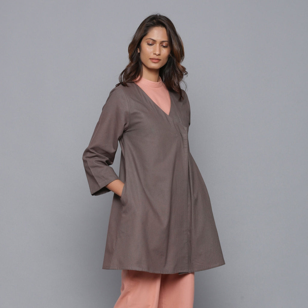 Right View of a Model wearing Ash Grey Relaxed Flannel Wrap Overlay