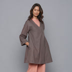 Right View of a Model wearing Ash Grey Relaxed Flannel Wrap Overlay