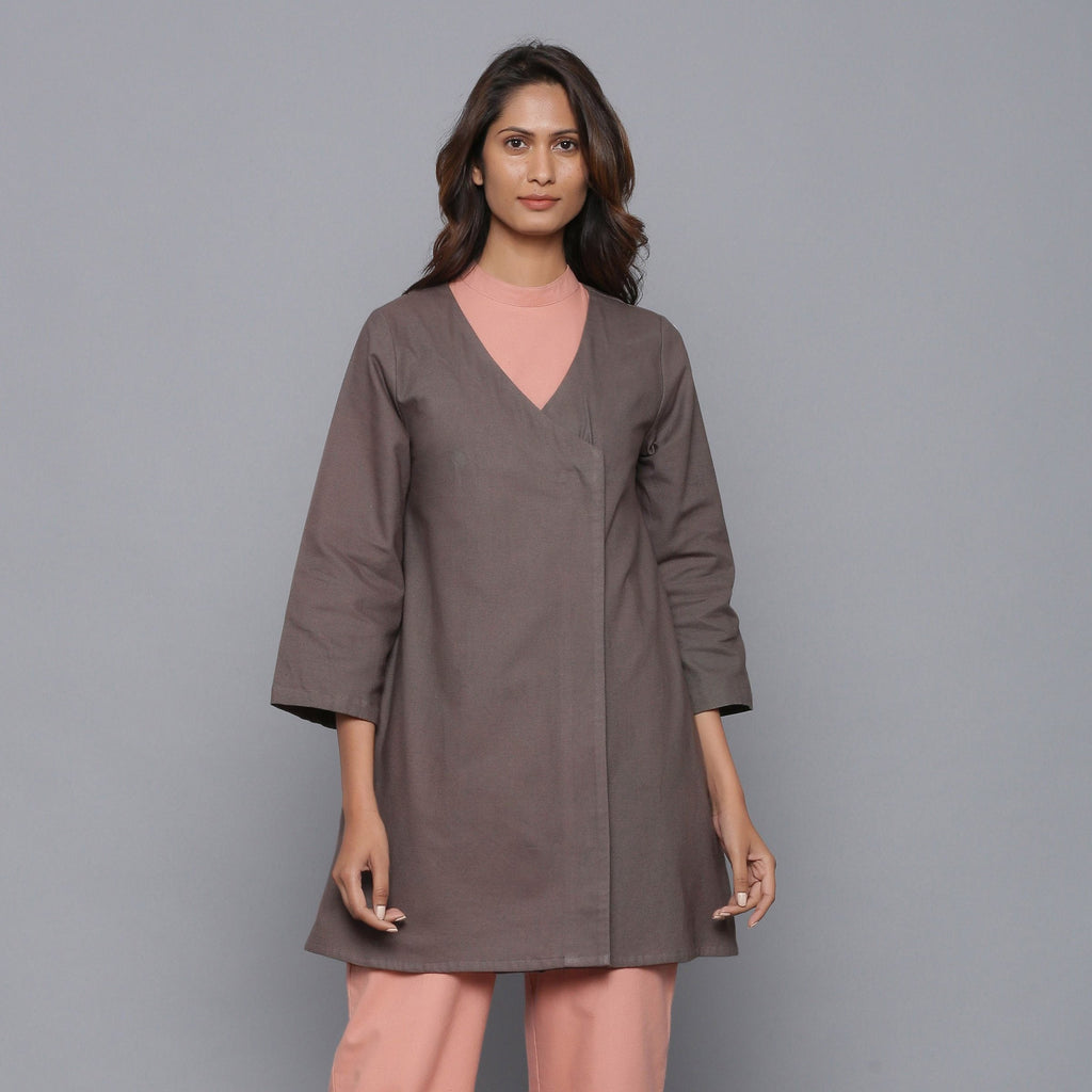 Front View of a Model wearing Ash Grey Relaxed Flannel Wrap Overlay