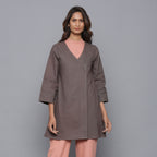 Front View of a Model wearing Ash Grey Relaxed Flannel Wrap Overlay