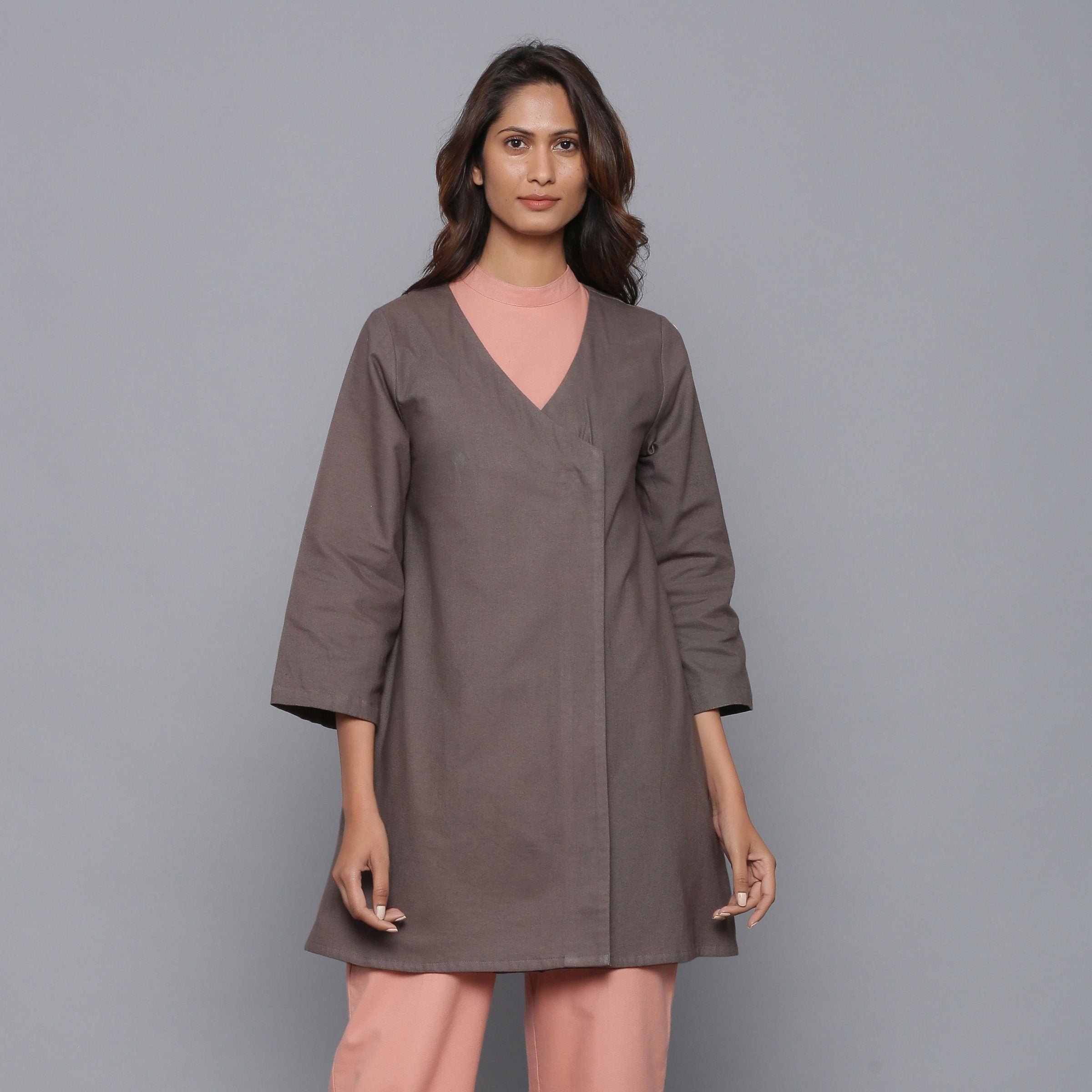 Front View of a Model wearing Ash Grey Relaxed Flannel Wrap Overlay