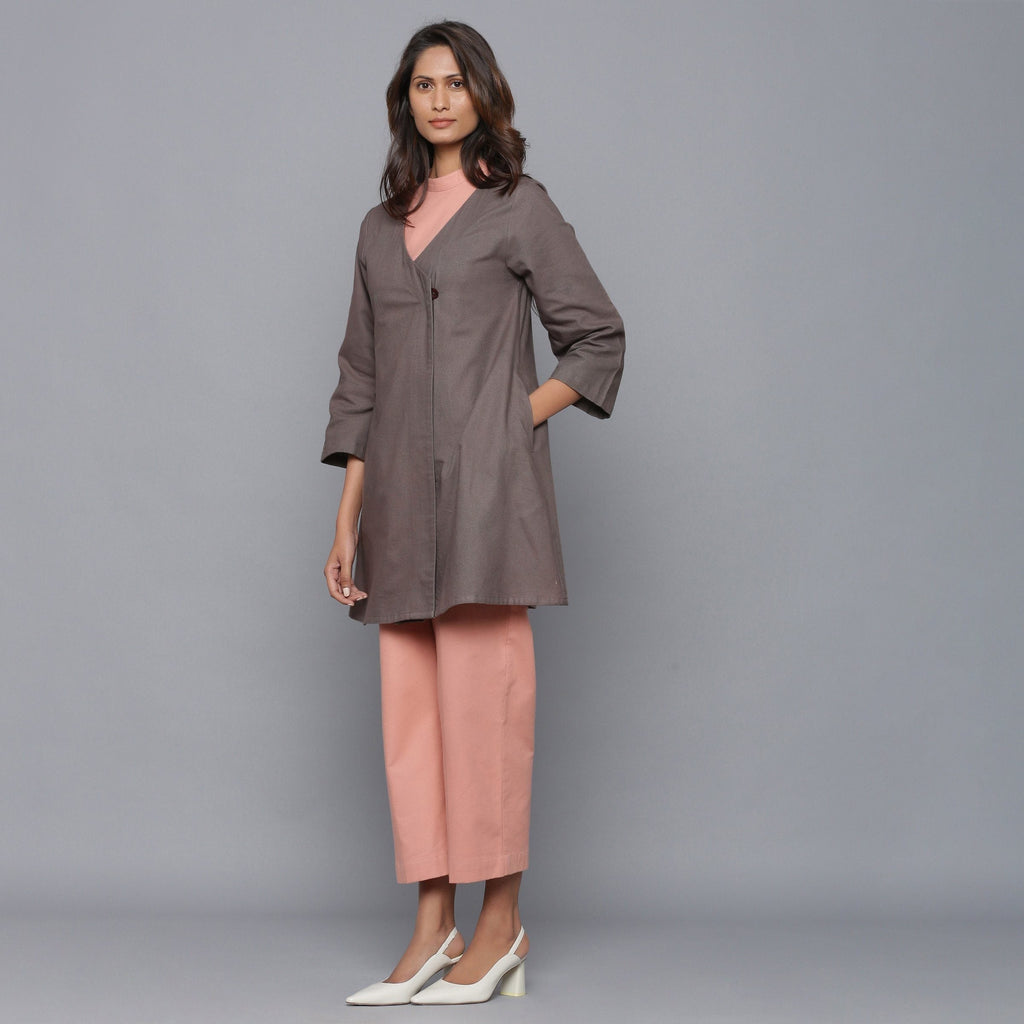 Left View of a Model wearing Ash Grey Relaxed Flannel Wrap Overlay