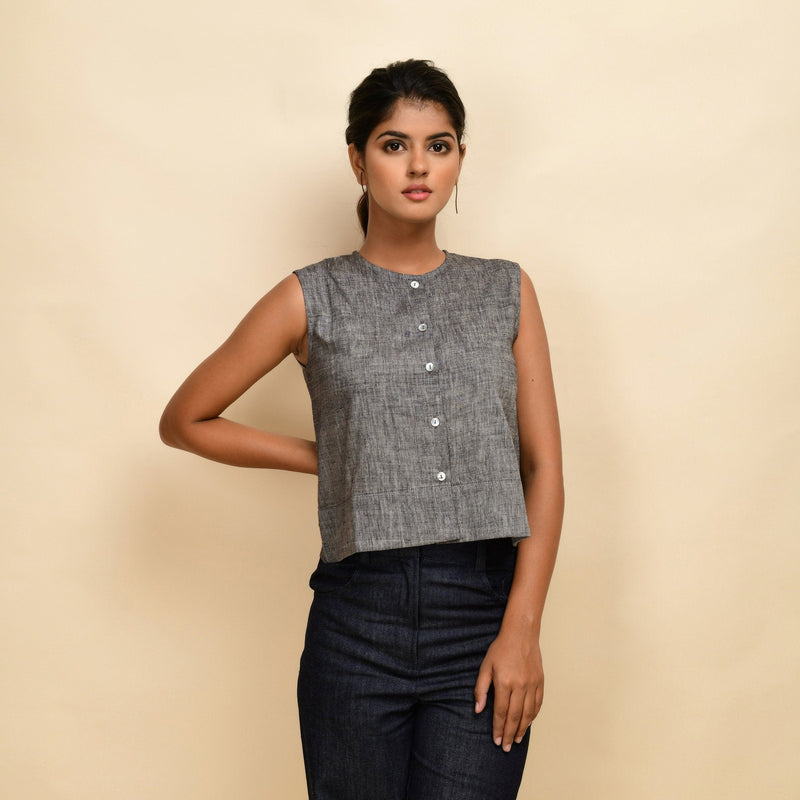Front View of a Model wearing Ash Grey 100% Cotton Crop Shirt
