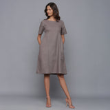 Front View of a Model wearing Ash Grey Paneled Cotton Flannel Dress