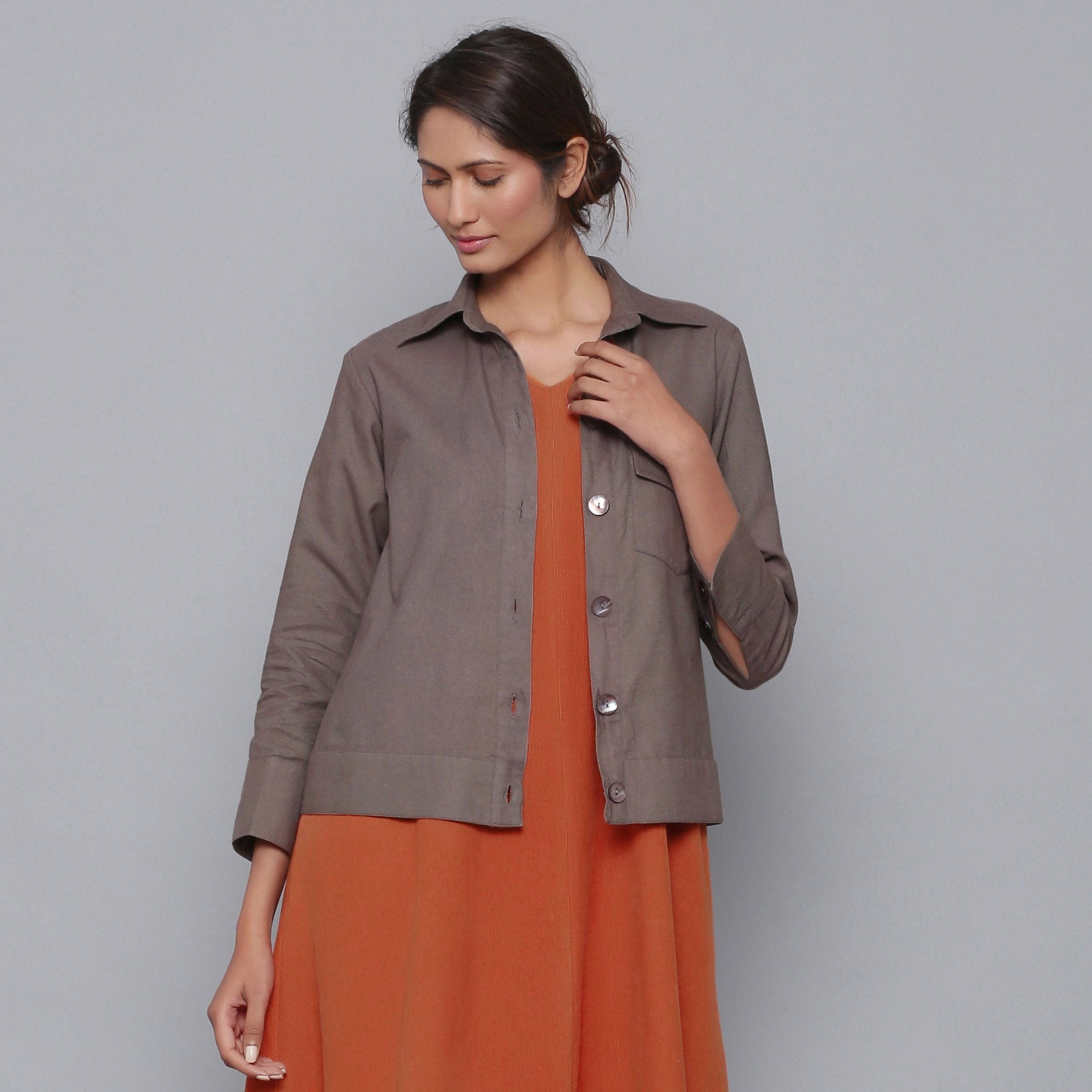 Front View of a Model wearing Solid Ash Grey Flannel Short Jacket