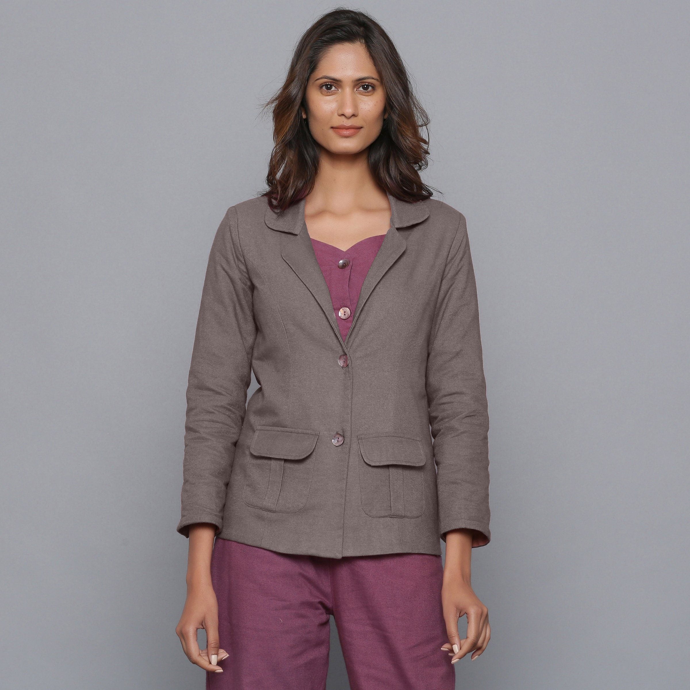 Front View of a Model wearing Ash Grey Slim Fit Flannel Blazer
