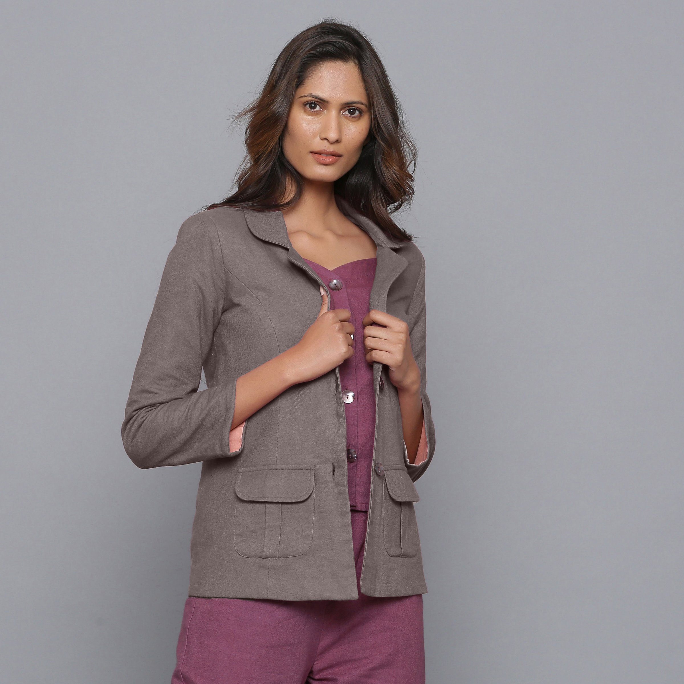 Right View of a Model wearing Ash Grey Slim Fit Flannel Blazer