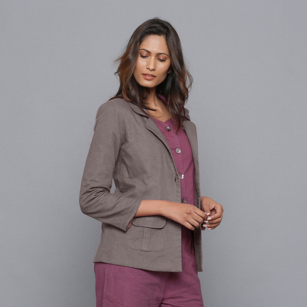 Right View of a Model wearing Ash Grey Slim Fit Flannel Blazer