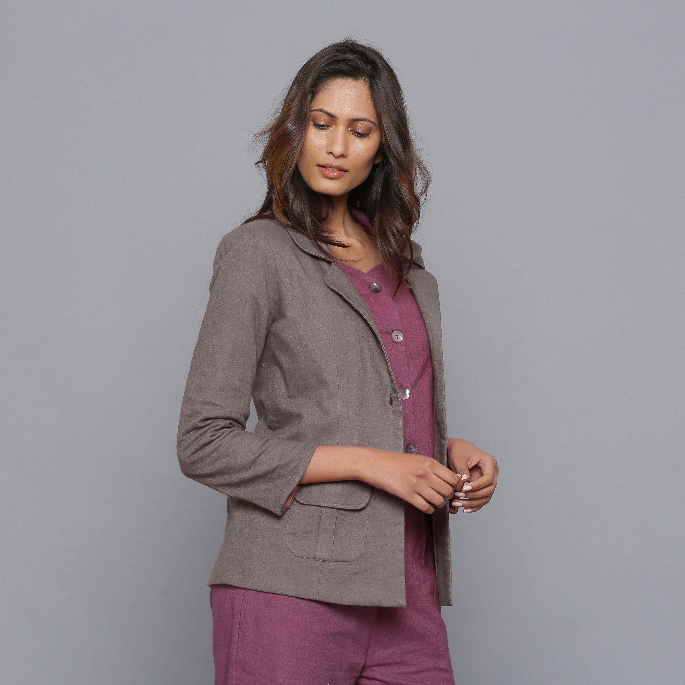 Right View of a Model wearing Ash Grey Slim Fit Flannel Blazer