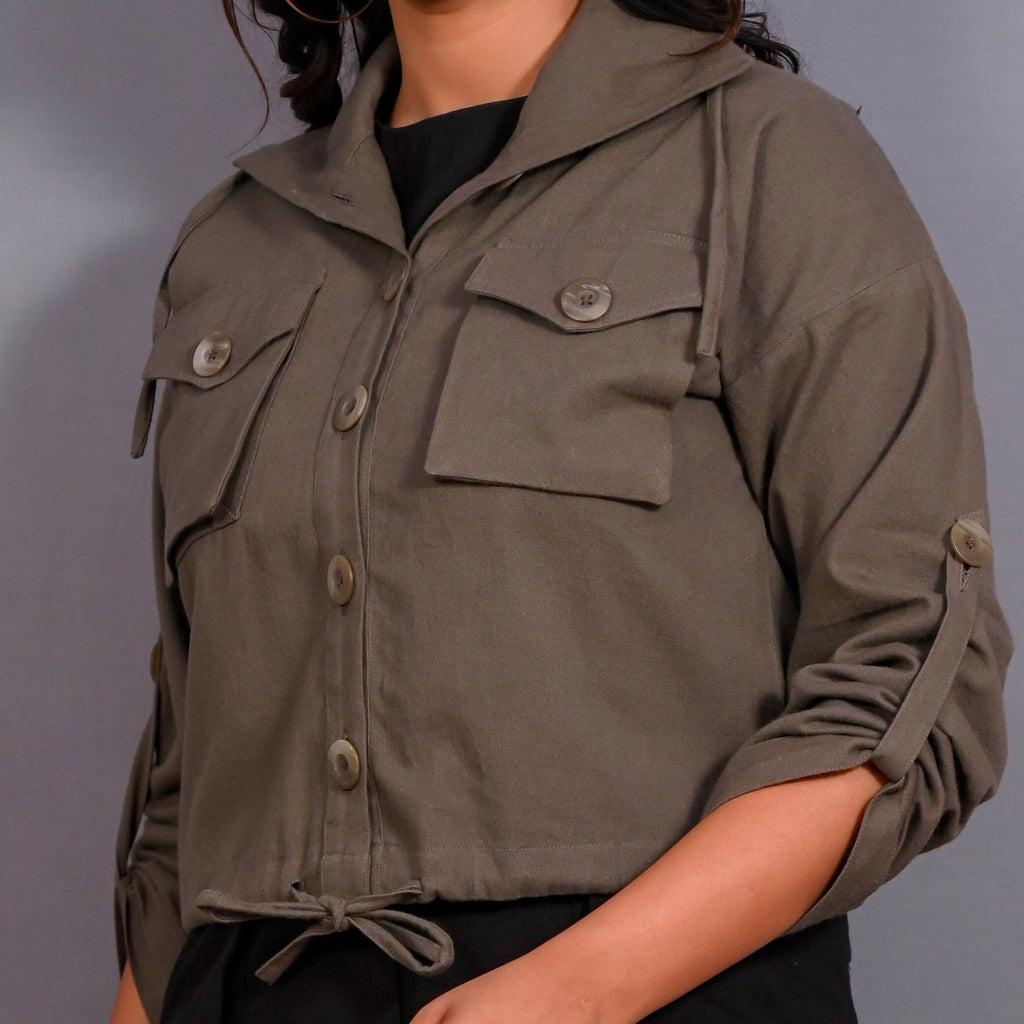 Front Detail of a Model wearing Ash Grey Warm Cotton Flannel Button-Down Shacket