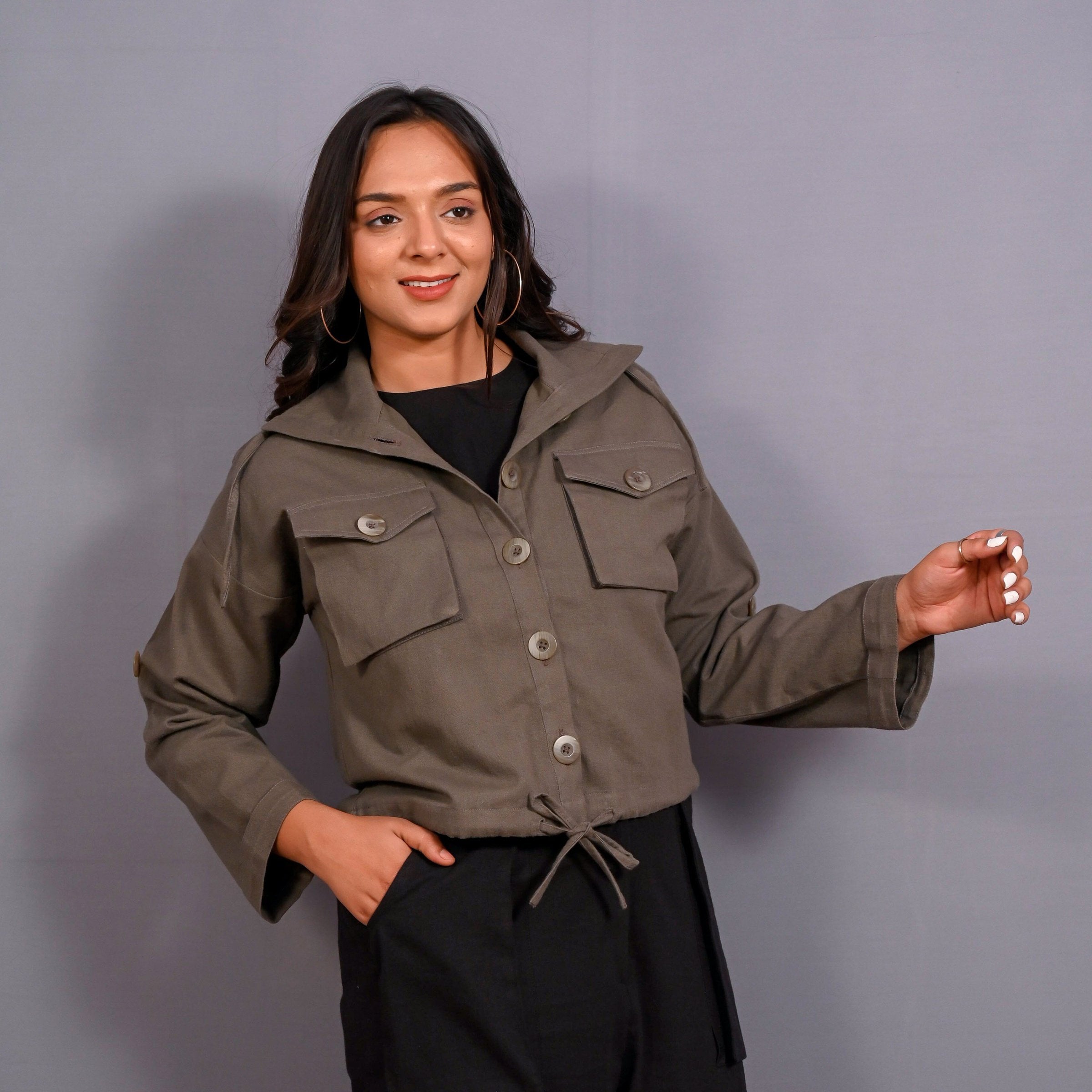 Front View of a Model wearing Ash Grey Warm Cotton Flannel Button-Down Shacket