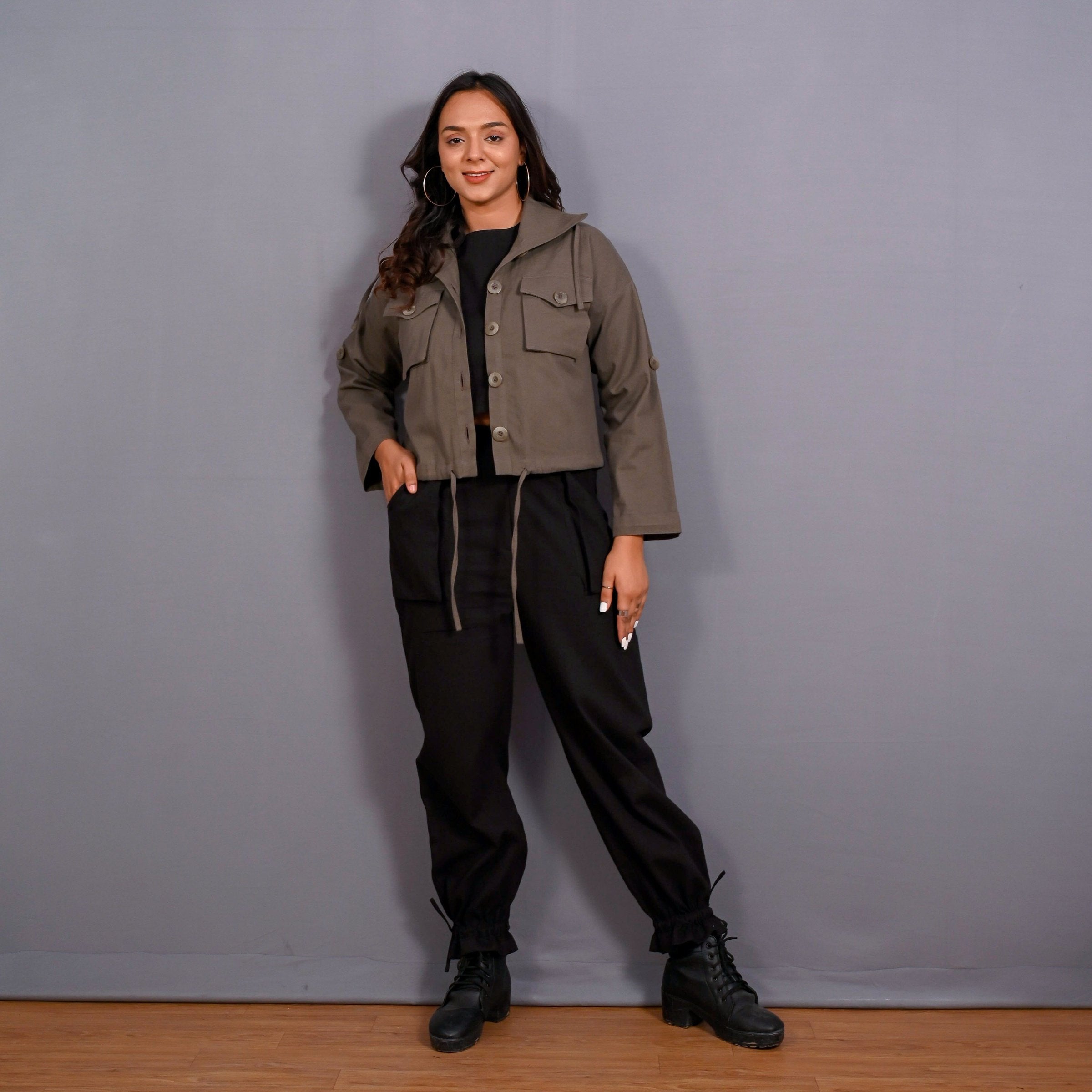 Front View of a Model wearing Ash Grey Warm Cotton Flannel Button-Down Shacket