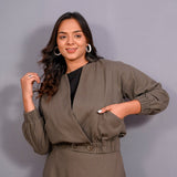 Front View of a Model wearing Ash Grey Warm Cotton Flannel V-Neck Bomber Jacket
