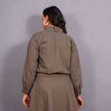 Back View of a Model wearing Ash Grey Warm Cotton Flannel V-Neck Bomber Jacket