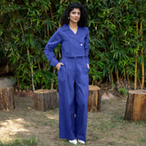 Royal Blue Cotton Poplin High-Rise Elasticated Pleated Wide Legged Pant