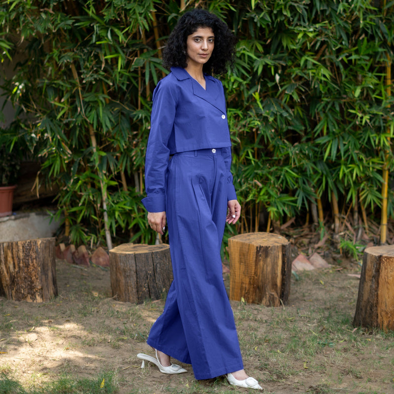 Royal Blue Cotton Poplin High-Rise Elasticated Pleated Wide Legged Pant