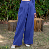 Royal Blue Cotton Poplin High-Rise Elasticated Pleated Wide Legged Pant