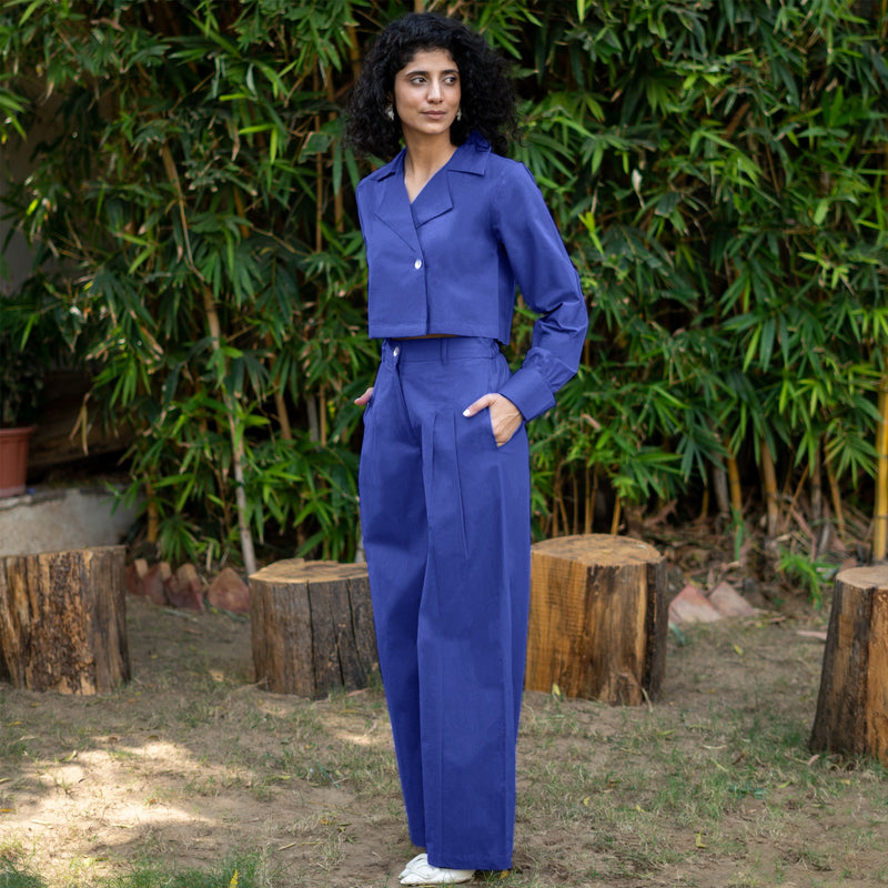 Royal Blue Cotton Poplin High-Rise Elasticated Pleated Wide Legged Pant