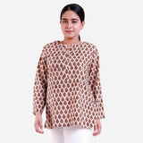 Front View of a Model wearing Bagru Floral Block Print Split Neck A-Line Cotton Tunic