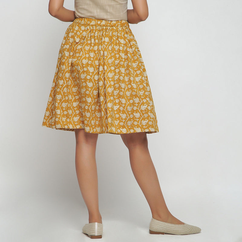 Back View of a Model wearing Bagru Print Mustard Mid Rise Skirt