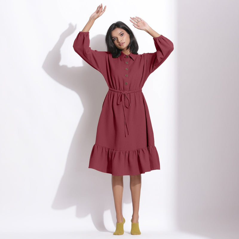 Front View of a Model wearing Barn Red Cotton Waffle Button-Down Dress