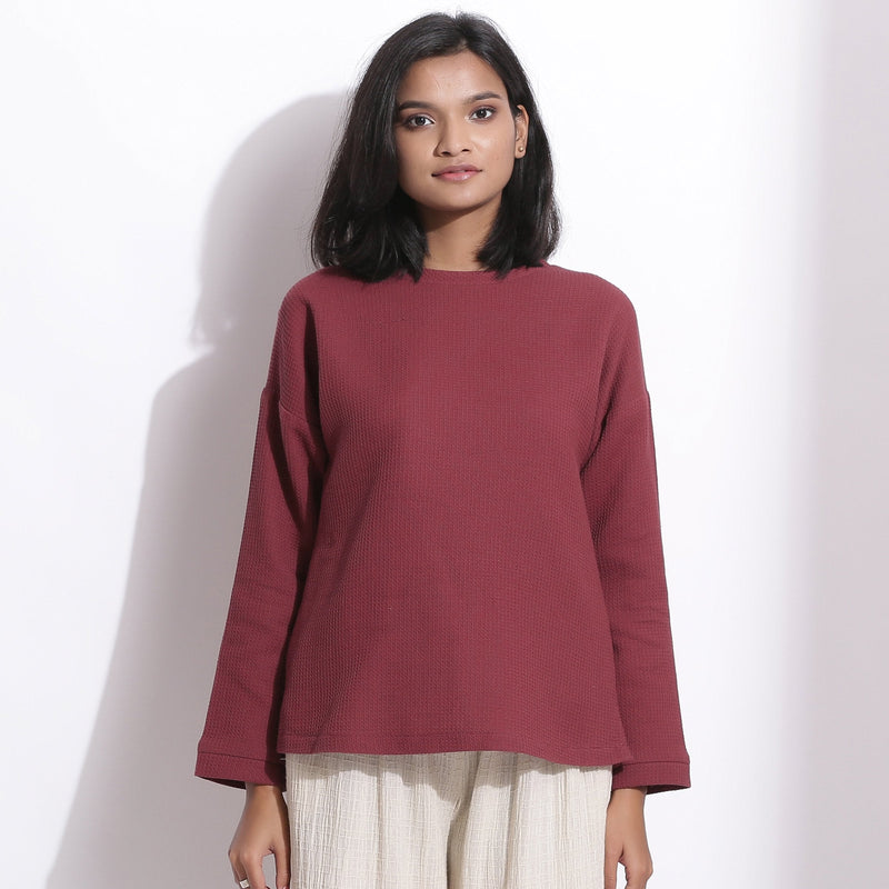 Front View of a Model wearing Barn Red Warm Cotton Waffle Drop Shoulder Top