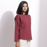 Right View of a Model wearing Barn Red Warm Cotton Waffle Drop Shoulder Top
