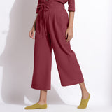 Left View of a Model wearing Barn Red Cotton Waffle Relaxed Culottes