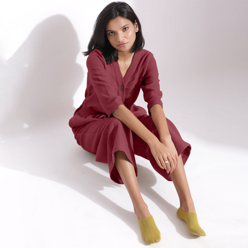 Front View of a Model wearing Barn Red Cotton Waffle Relaxed Culottes