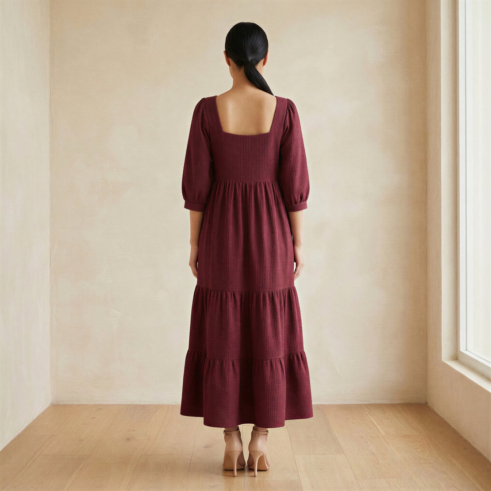 Barn Red Cotton Waffle Square Neck Tiered Midi Dress