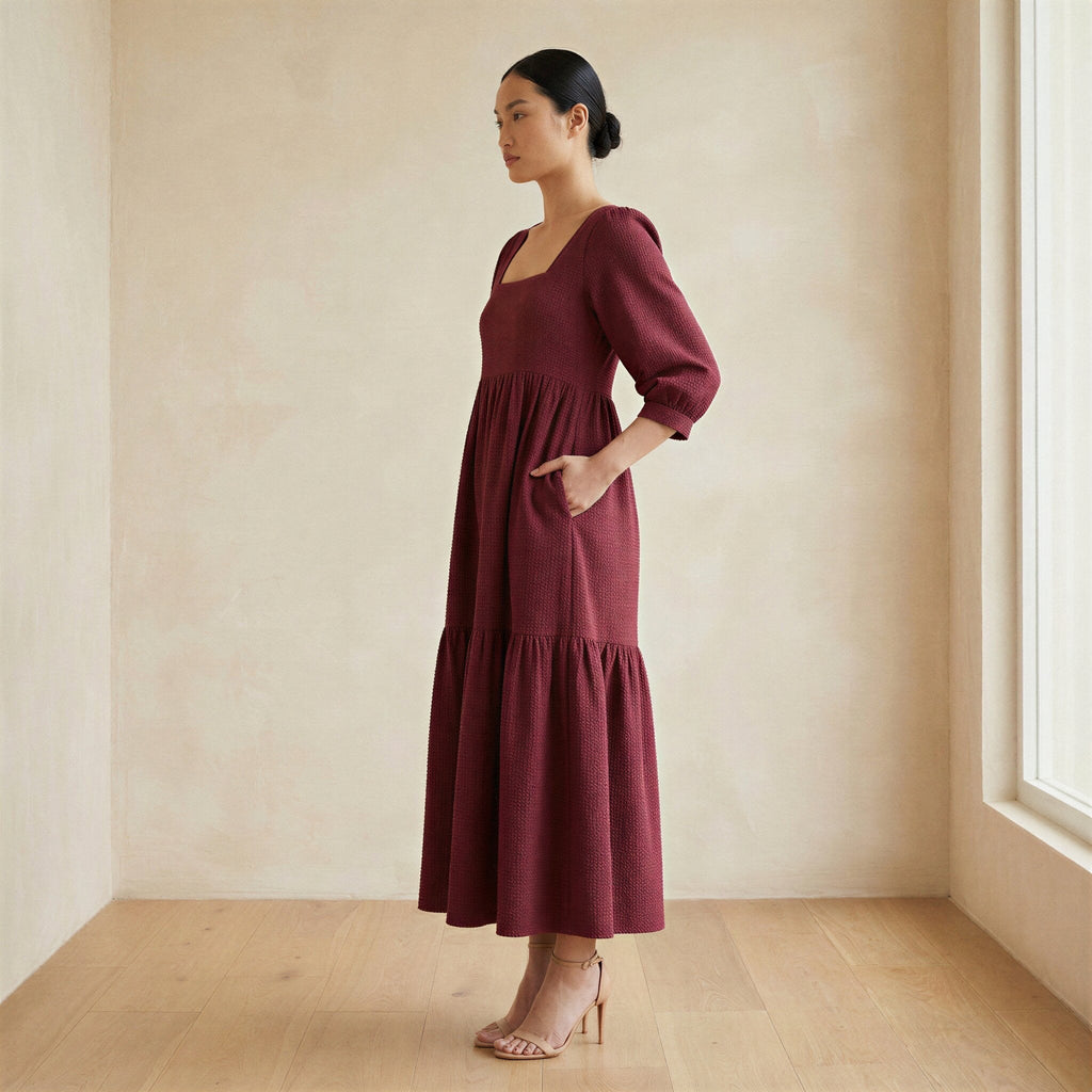 Barn Red Cotton Waffle Square Neck Tiered Midi Dress