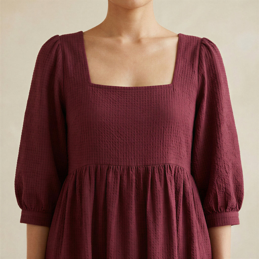 Barn Red Cotton Waffle Square Neck Tiered Midi Dress