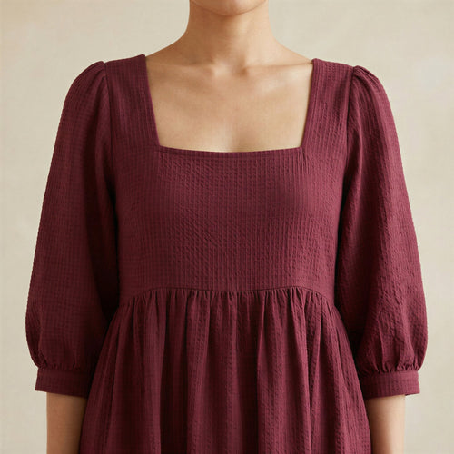 Barn Red Cotton Waffle Square Neck Tiered Midi Dress