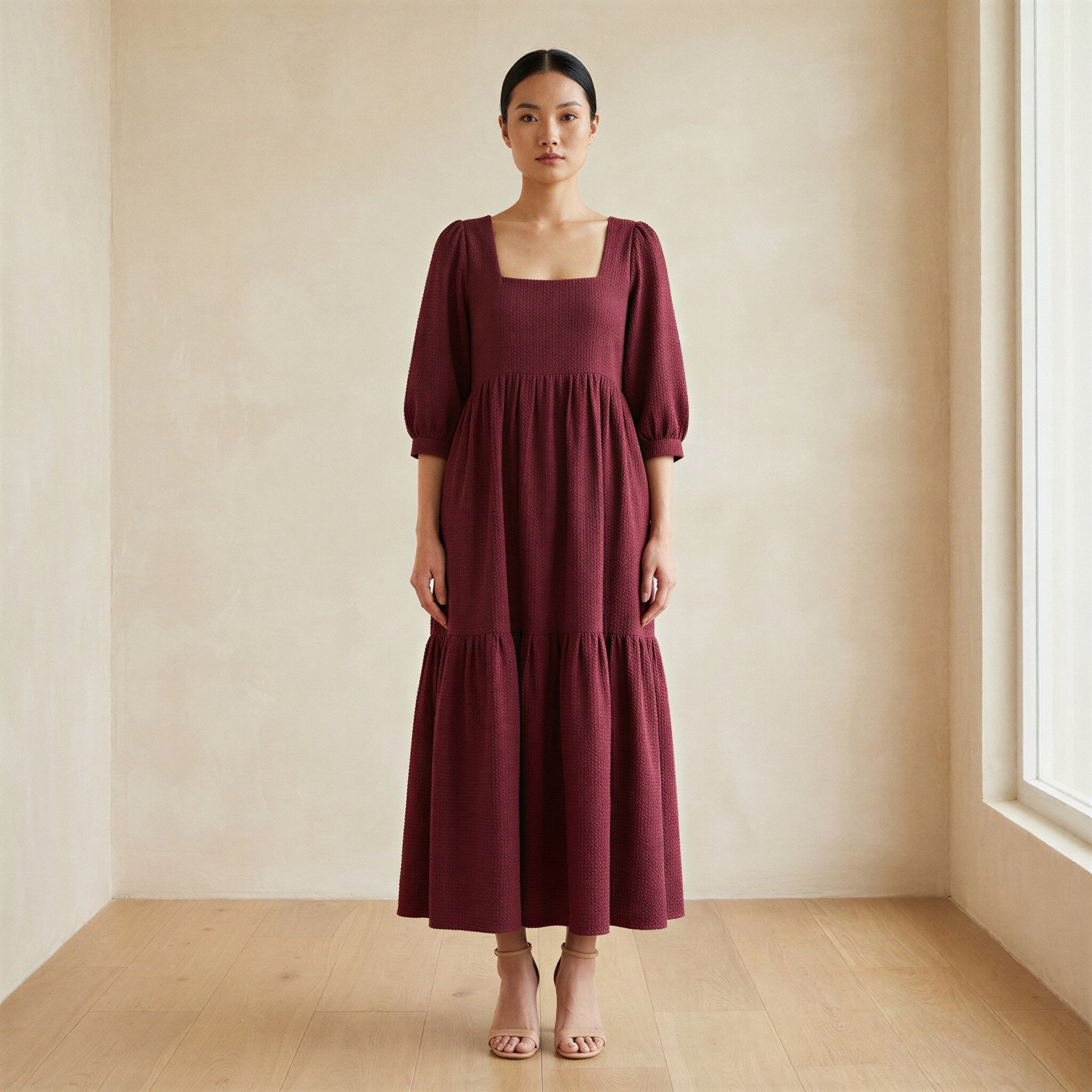 Barn Red Cotton Waffle Square Neck Tiered Midi Dress
