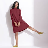 Front View of a Model wearing Barn Red Cotton Waffle Turtleneck Dress