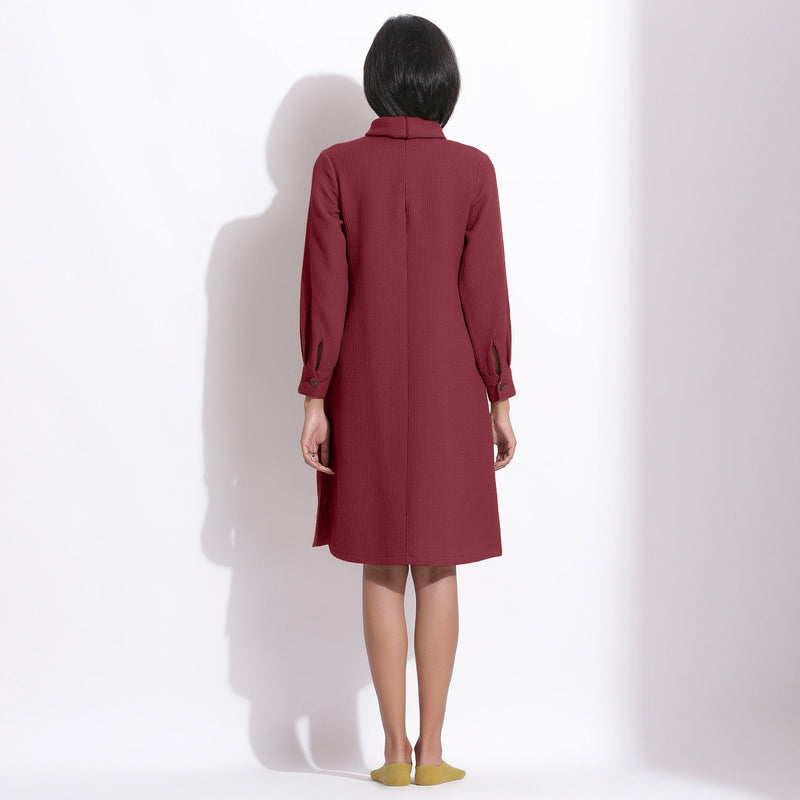 Back View of a Model wearing Barn Red Cotton Waffle Turtleneck Dress