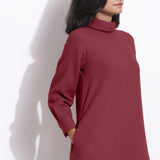 Front Detail of a Model wearing Barn Red Cotton Waffle Turtleneck Dress