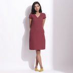 Front View of a Model wearing Barn Red Warm Cotton Waffle Knee Length Paneled Dress