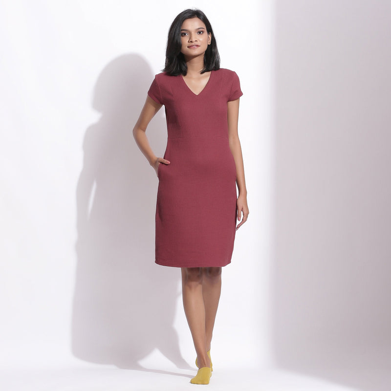 Front View of a Model wearing Barn Red Warm Cotton Waffle Knee Length Paneled Dress