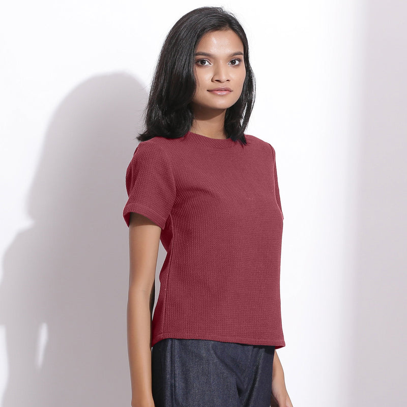 Right View of a Model wearing Barn Red Cotton Waffle Woven T-Shirt