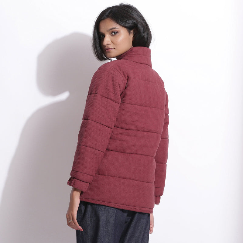 Back View of a Model wearing Barn Red Warm Cotton Waffle Quilted Puffer Jacket