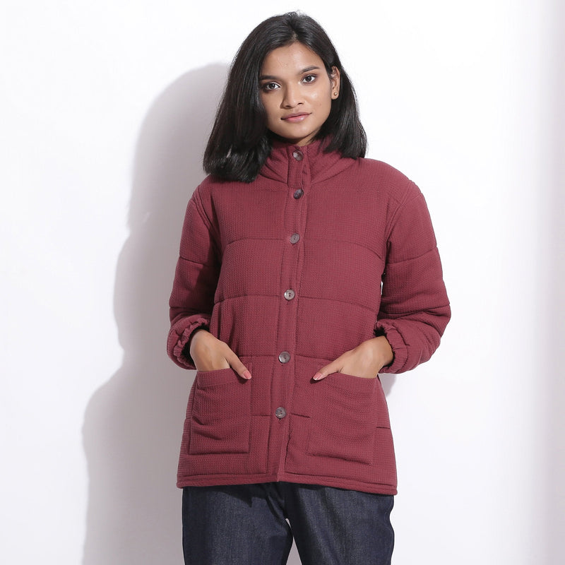 Front View of a Model wearing Barn Red Warm Cotton Waffle Quilted Puffer Jacket
