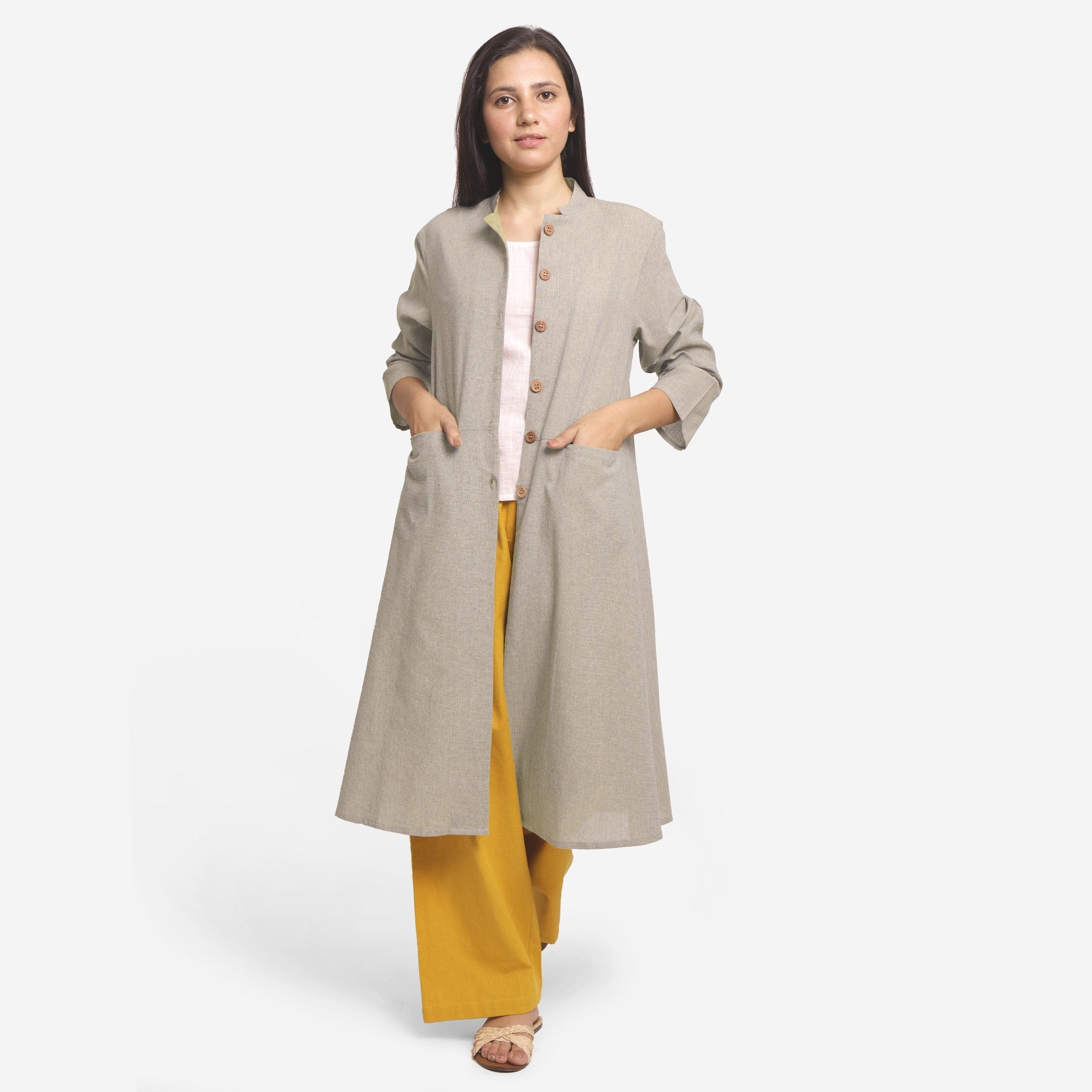 Front View of a Model wearing Basic Beige Cotton Button-Down Jacket