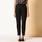 Front View of a Model wearing Basic Black Comfy Cotton Flax Tapered Pant