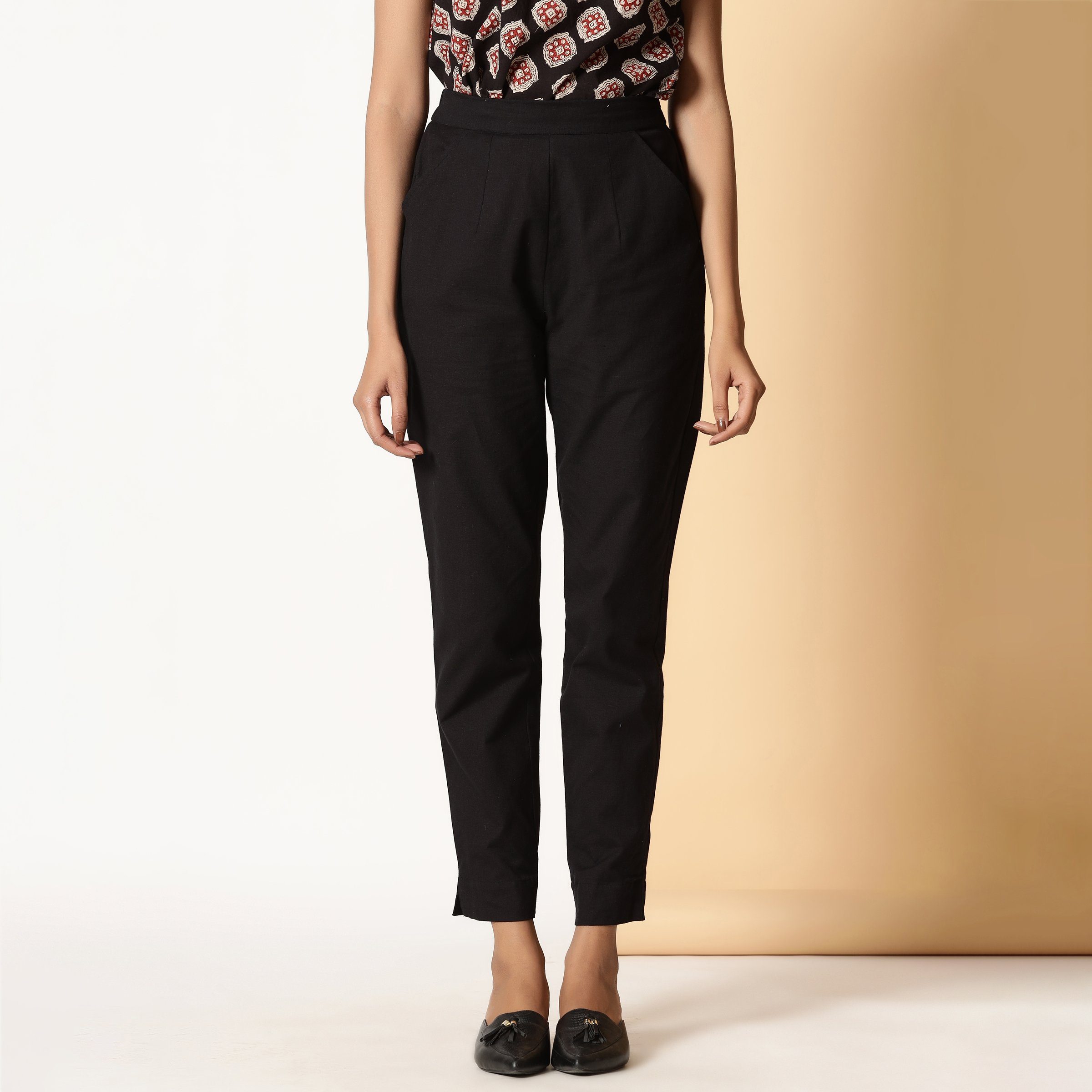 Front View of a Model wearing Basic Black Comfy Cotton Flax Tapered Pant