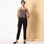 Front View of a Model wearing Basic Black Comfy Cotton Flax Tapered Pant
