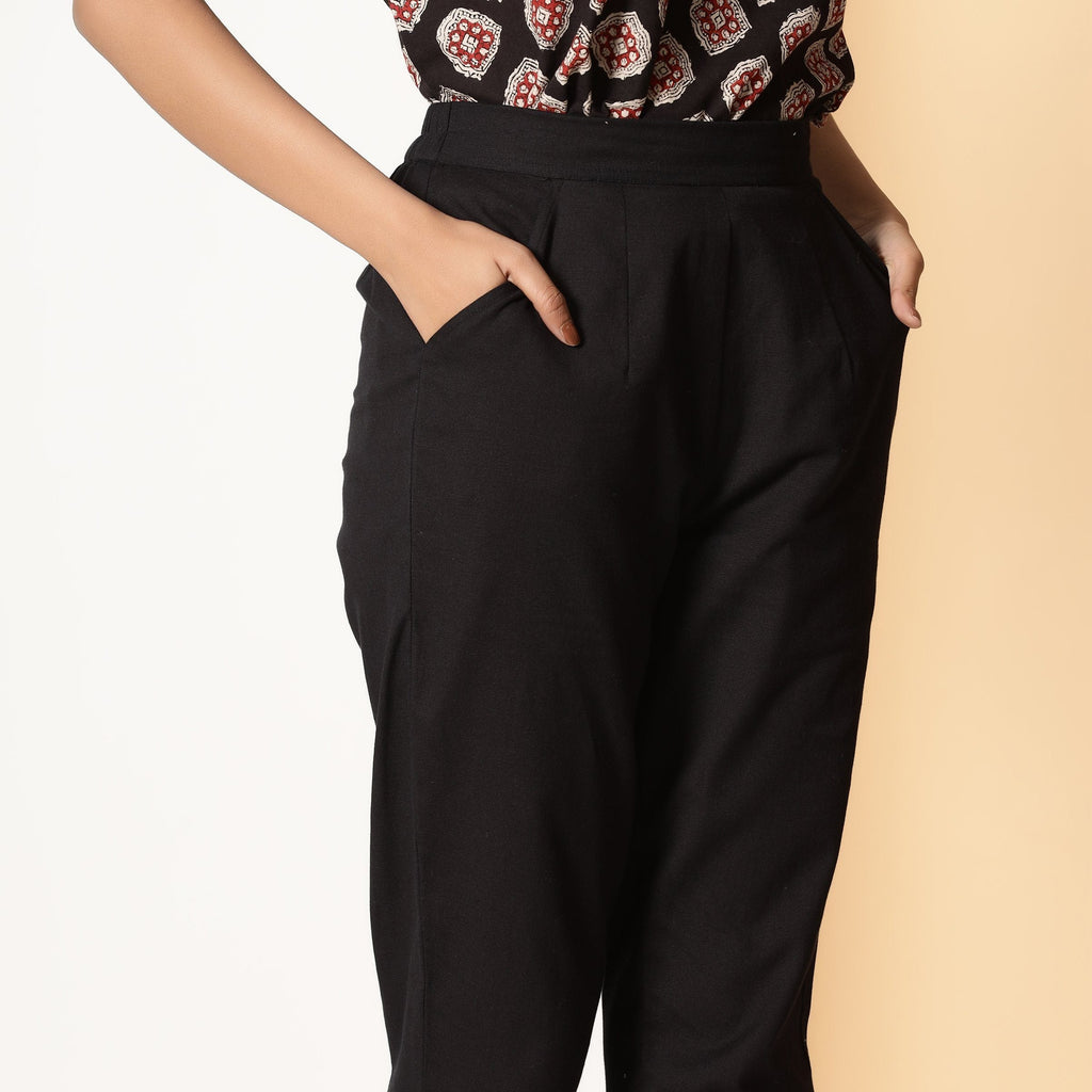Front Detail of a Model wearing Basic Black Comfy Cotton Flax Tapered Pant
